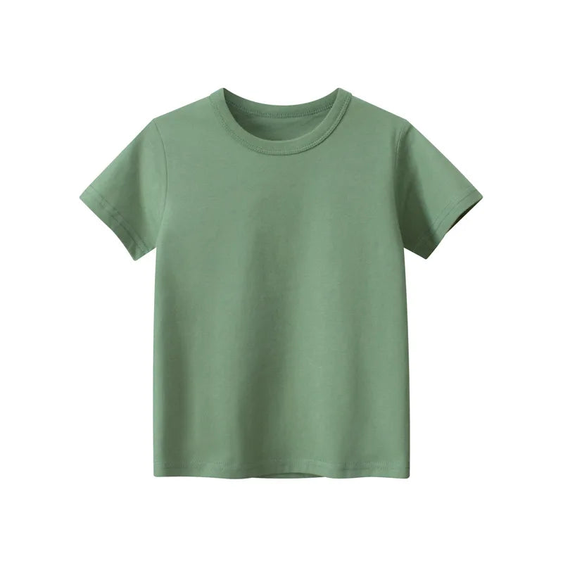 2026 Summer Girls Boys Solid T-Shirts Clothes 100% Pure Cotton Short Sleeve Yellow Red Green Kids UnderShirt Bottomming Clothing