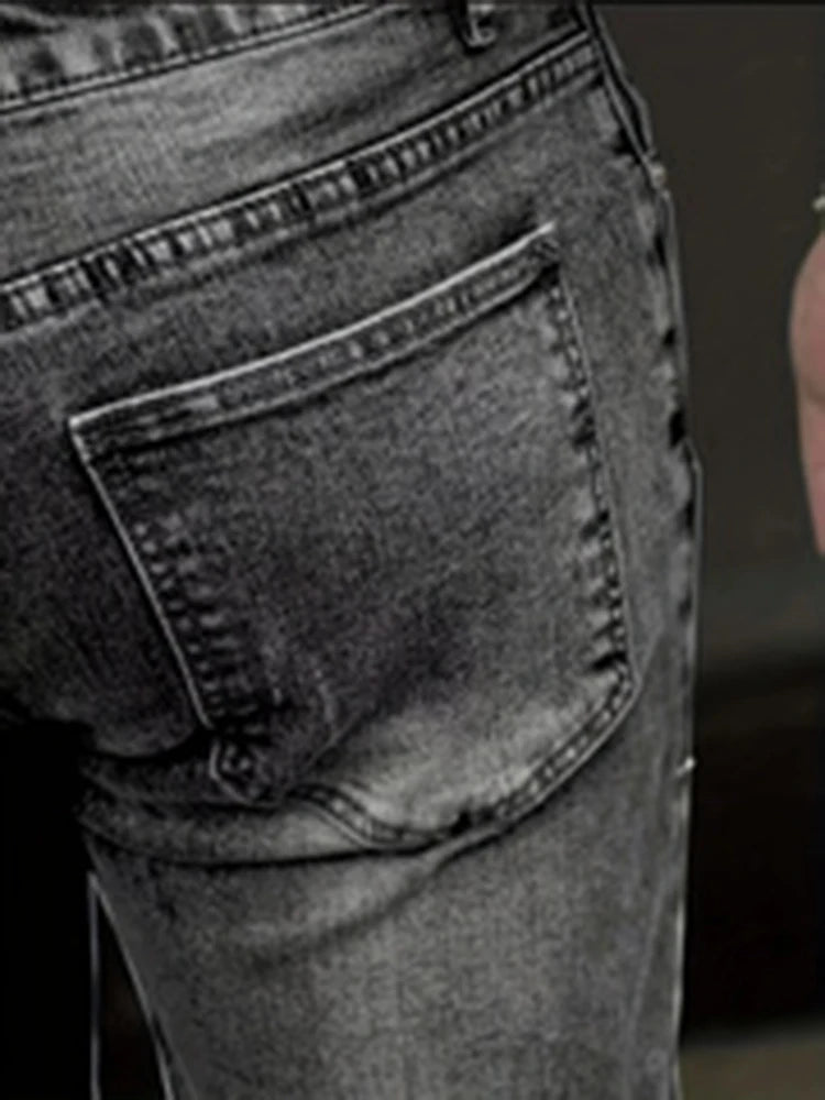 2025 Men's Slim Four-Season Washed Fashion Jeans Stretch Slim Fit Light Blue Gray Black Casual Denim Pants