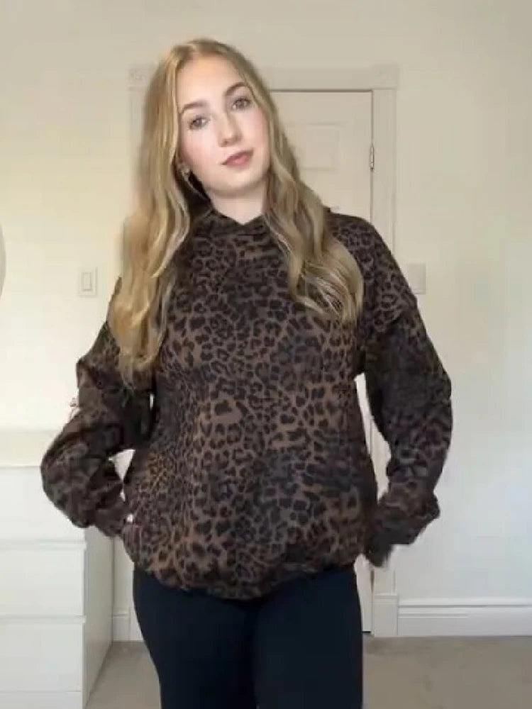 Vintage Chic Leopard Print Hoodie Casual Long Sleeve Loose Pullover Hooded Sweatshirts Lady Trendy Fashion High Street Outfit