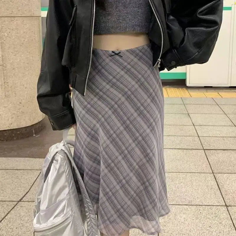 2026 Summer Vintage Midi Plaid Striped Print Skirts Women Sweet Loose Pleated Ladies Skirt High Waist Korean Style Woman Skirts