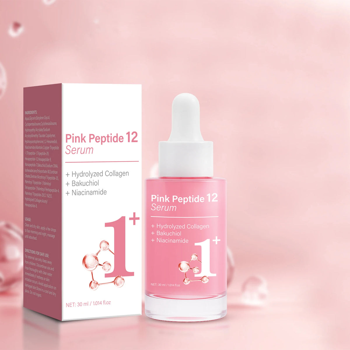 Pink Peptide 12 Serum with Bakuchiol & Niacinamide - Anti Aging Face Serum for Women - Hydrating & Firming 30ml