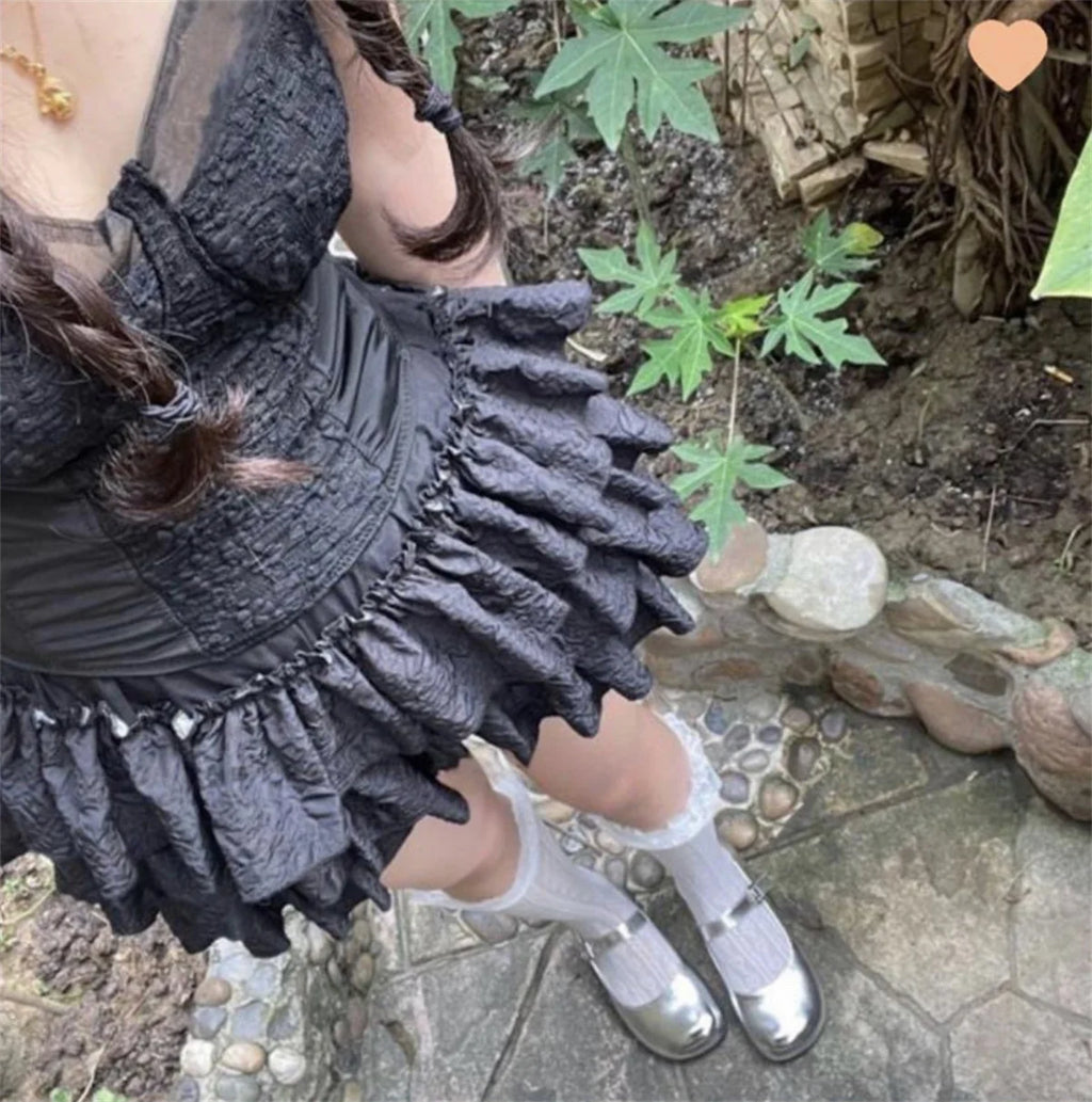 Kawaii Ball Gown Short Skirt Pleated Ruffles Layered High Waist Solid Mini Cake Skirts Lolita Girl Sweet Cute Elastic Waist  Y2K