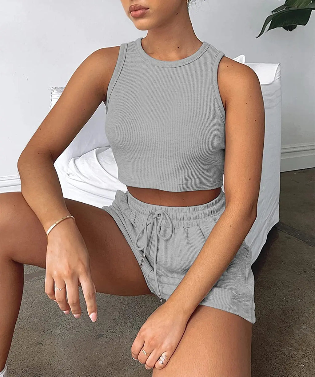 Women Shorts Outfit Solid Sleeveless Ribbed Crop Tank And Drawstring Shorts Casual Tracksuit Workout Set 2 Piece Lounge Set