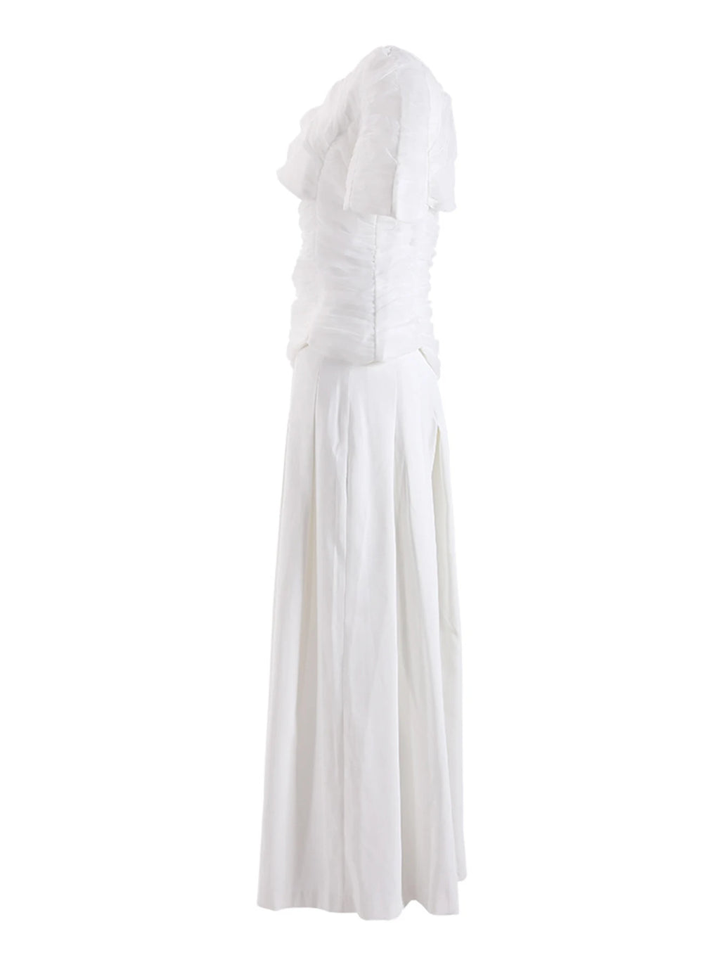 High Quality Summer New White Slim Set 2026 Sexy Short Sleeved Pleated Top+High Waisted Wide Leg Pants Party 2 Two-Piece Set