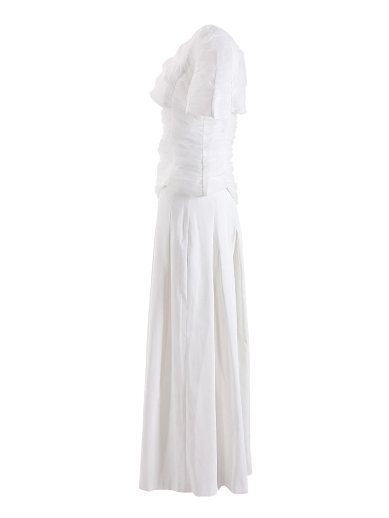 High Quality Summer New White Slim Set 2026 Sexy Short Sleeved Pleated Top+High Waisted Wide Leg Pants Party 2 Two-Piece Set