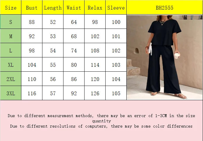 2026 New Solid Green Women Loungewear Set Round Neck Crop Short Sleeve Top Elastic Waist Wide Leg Pants Casual Two Piece Pajamas