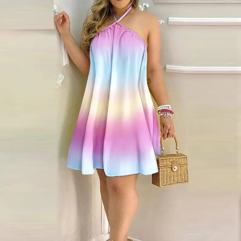 Ladies Halter Neck Sleeveless Mini Dress Striped Print Loose Casual Beach Vacation Dress