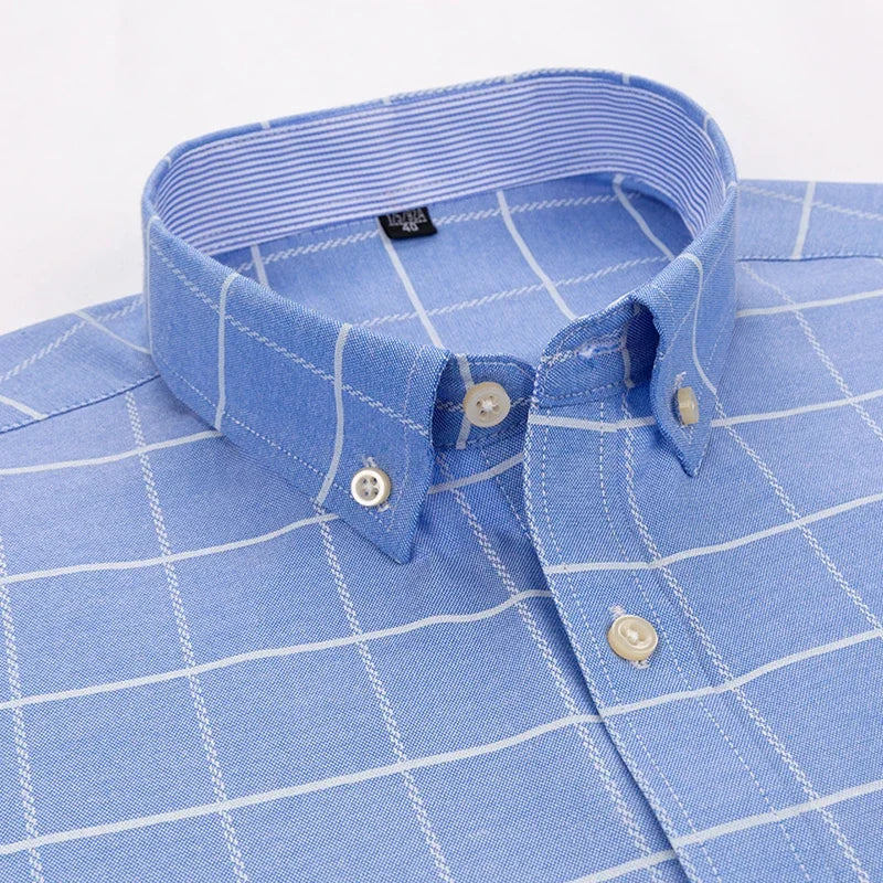 2025 100% Pure Cotton Men's Oxford Short Sleeve Square Collar Soild Plaid Striped Summer Casual Shirts Single Pocket  Shirt