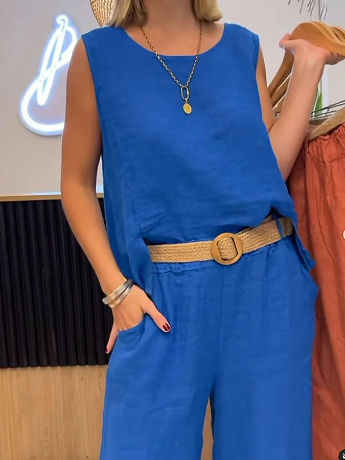 Summer Fashion Retro Casual Solid Color Cotton Linen Suit Women's Sexy O-neck Sleeveless Vest + Trousers Suit Two-piece Suit