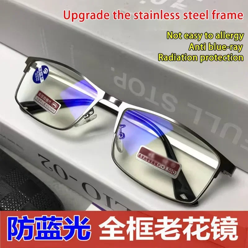 Stainless Steel Men Business Reading Glasses for Reader Mens Blue Light Blocking Presbyopia Optical Eyeglasses +1.0 1.5 2.0 2.5