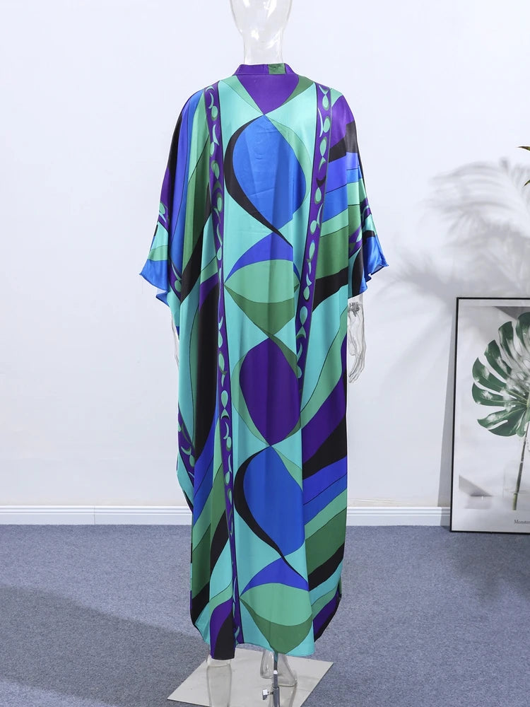 Casual Vacation Long Puff Sleeve V-neck Beach Dresses Fashion Printed Oversize Maxi Dress Women Lady Summer Bohemia Party Robes