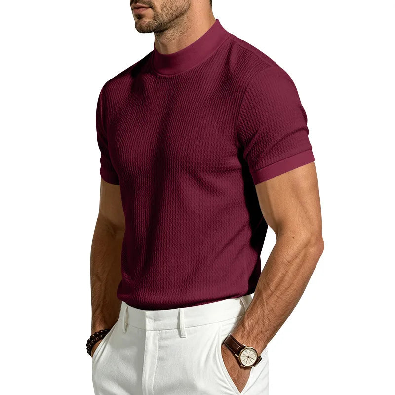 Men Summer Solid Jacquard Textured Mock Neck Short Sleeve T Shirt Slim Fit Simple Versatile Casual Daily Male Basic Tees