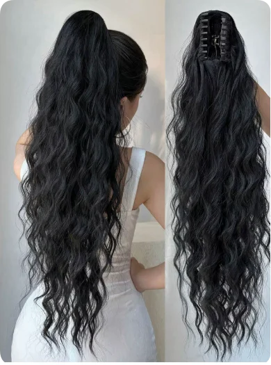 Black White Ombre Claw Clip Ponytail Hair Extensions Wavy Synthetic High Ponytail Hairpiece For Women