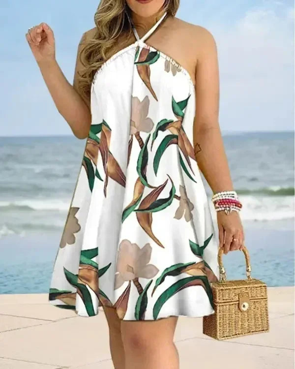 Ladies Halter Neck Sleeveless Mini Dress Striped Print Loose Casual Beach Vacation Dress