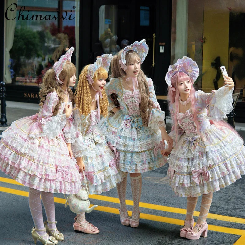 Original Design Lolita Sweet Long Sleeve OP Dress Women Autumn Super Fairy Cute Bow Birthday Party Girls Princess Dresses