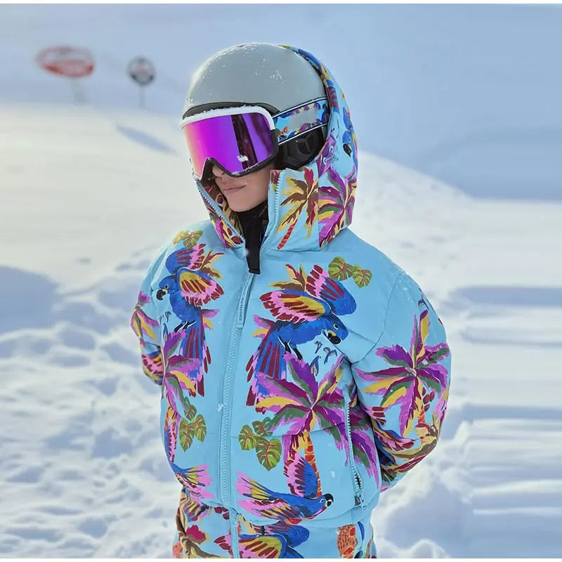 Women's Printed Hooded Ski Jackets Jumpsuit Sets Long Sleeve Zipper Short Coats Straight Leg Overalls 2026 Winter Lady Ski Suits