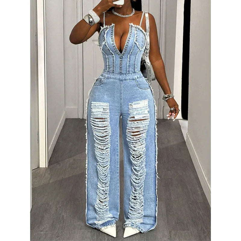 Benuynffy Sexy Spaghetti Strap Denim Jumpsuit Women Streetwear High Waist Backless Zipper Ripped Straight Leg Jeans Jumpsuits