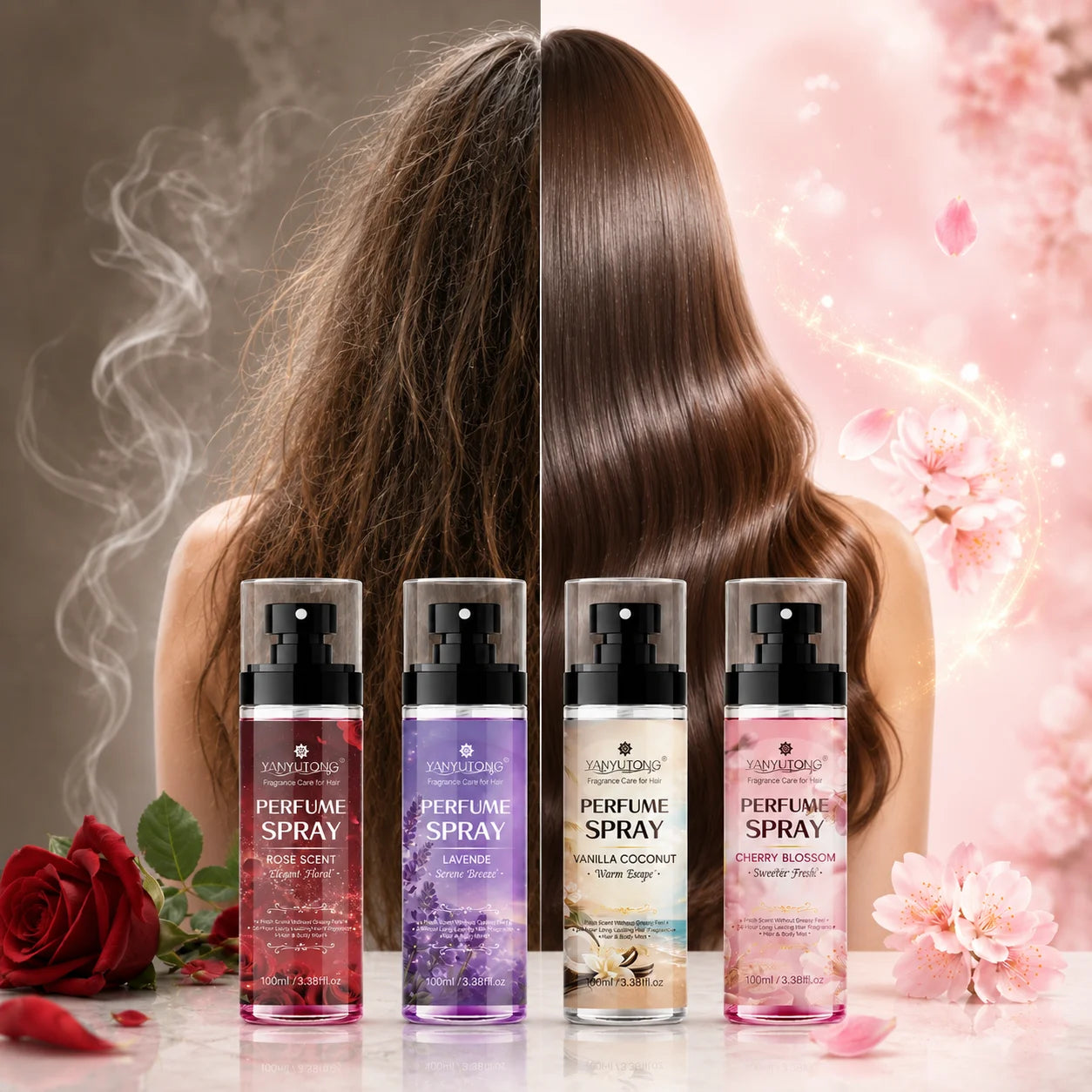 Four Scented Spray Options for Hair Care, Featuring Long-Lasting Fragrance, Moisturizing and Nourishing Properties, and a Silky,