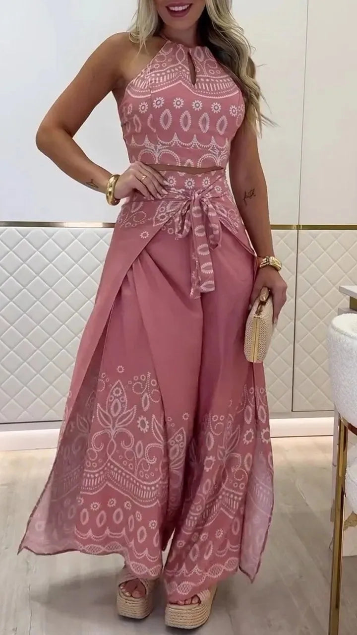 Women's Printed Sleeveless Top And Wide Leg Pants Two Piece Set Slimming Comfort Versatile Vacation Commute Ethnic Style Outfit