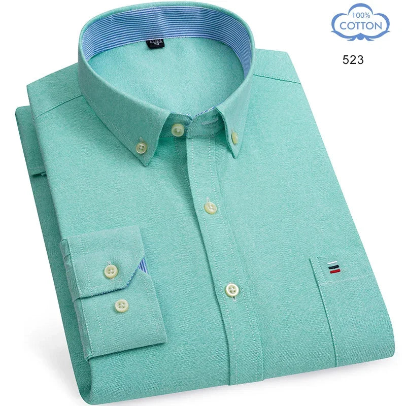 2025 Men's Social Shirt Pure Cotton Oxford Luxury Brand Thin Soft Buttoned Plaid Formal Work Western Clothing