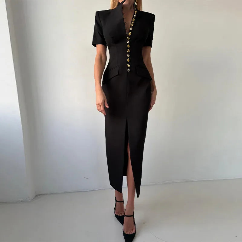 Sexy Print Women's Dress Multi Button Shoulder Pad Waist Cinching Package Hip Short Sleeved Dresses Fashion Summer Daily Wear