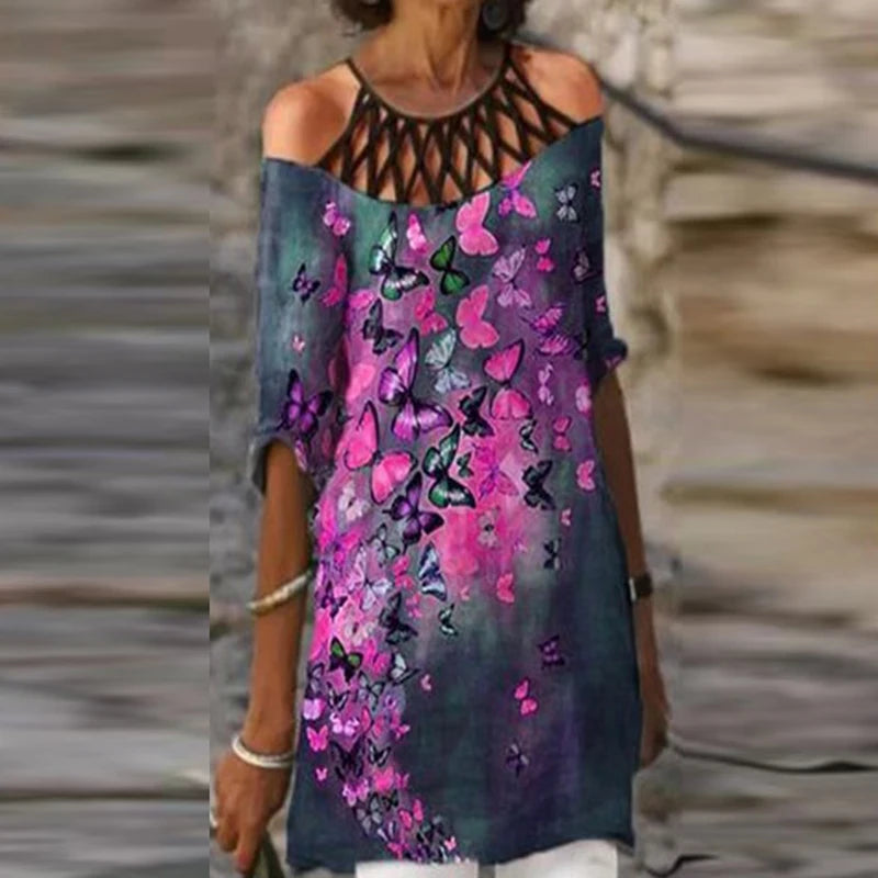 Fashion Retro Printing Women Dress Sexy V-Neck Short Sleeve Loose Beach Homewear Dress Summer Casual Comfy Female Model Dress