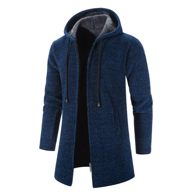 KIDWHXR Man Autumn Winter Cardigan Jacket Fleece Warm Hooded Sweater Coat Male Mid Length Long Sleeve Male Casual Outerwear