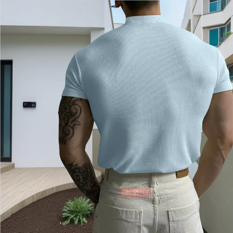 Spring Summer Elastic Comfortable Men's T-Shirt Small High Collar Stripe Shirt Short Sleeve Fitness tops Sports Casual T-Shirt