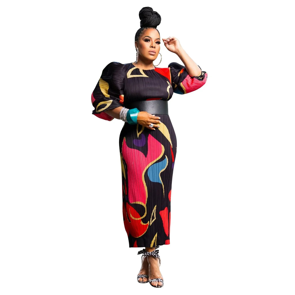 Elegant Women Pleated Half Lantern Sleeve O-neck Slim Maxi Long Dress Print Fashion Autumn 2025 Ruched Dresses Vestidos