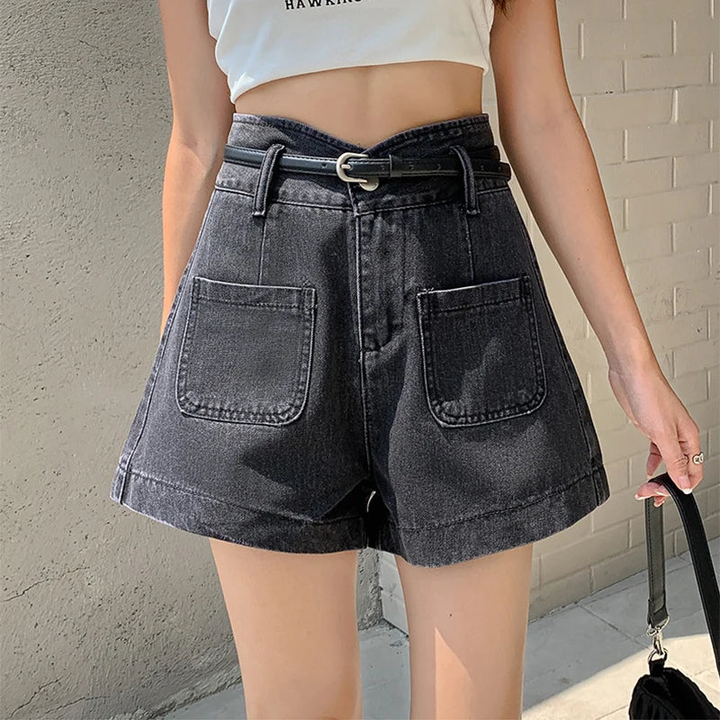 Retro Bandage Designed Women Jean Shorts Summer New High Waist Slim Pockets Wide Leg Denim Shorts Simple Versatile A-Line Shorts