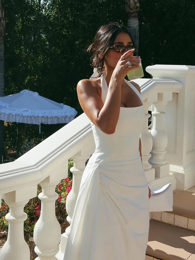 Chic Women White Ruched Waist Maxi Dress Sexy Sleeveless Halter Neck A Line Vestidos Elegant Daily New Party Street Summer Gowns
