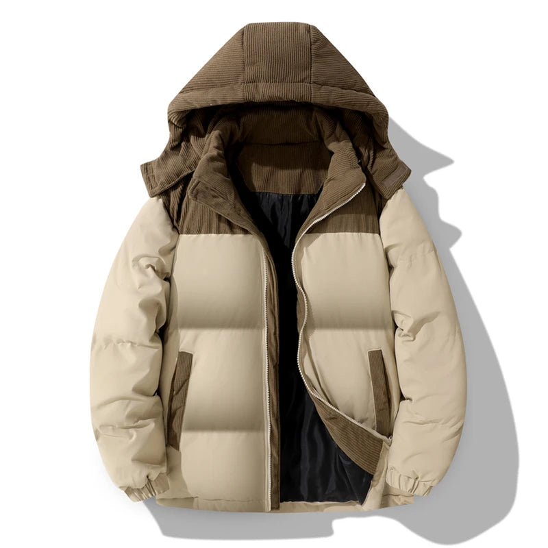 Men's  Block Corduroy Hooded Puffer Jacket Full Zip Thick Warm Winter Coat Loose Windproof Casual Outerwear With Side Pockets