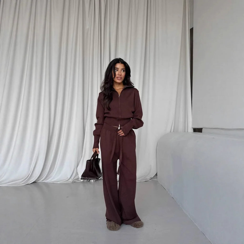 Women Cotton Knitted Cardigan Wide Leg Pants Suit Autumn and Winter Lady  Fashion Loose Daily Office Jacket Straight Pants 2Pcs