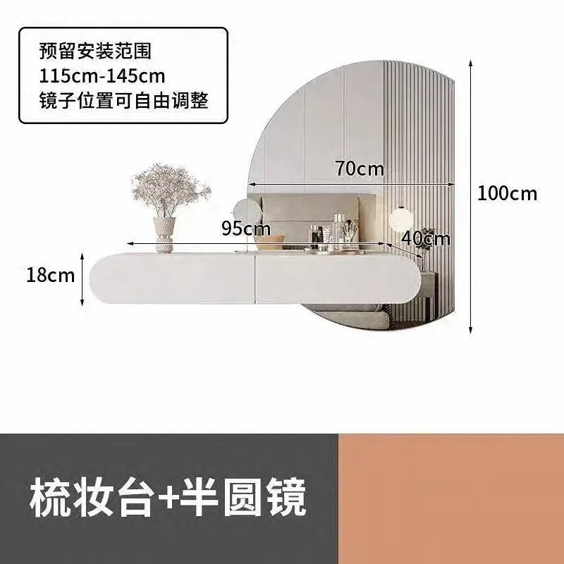 Cream Minimalist Wall Mounted Dressing Table with Mirror Suspended Vanity Desk for Bedroom Small Space Modern Makeup Table