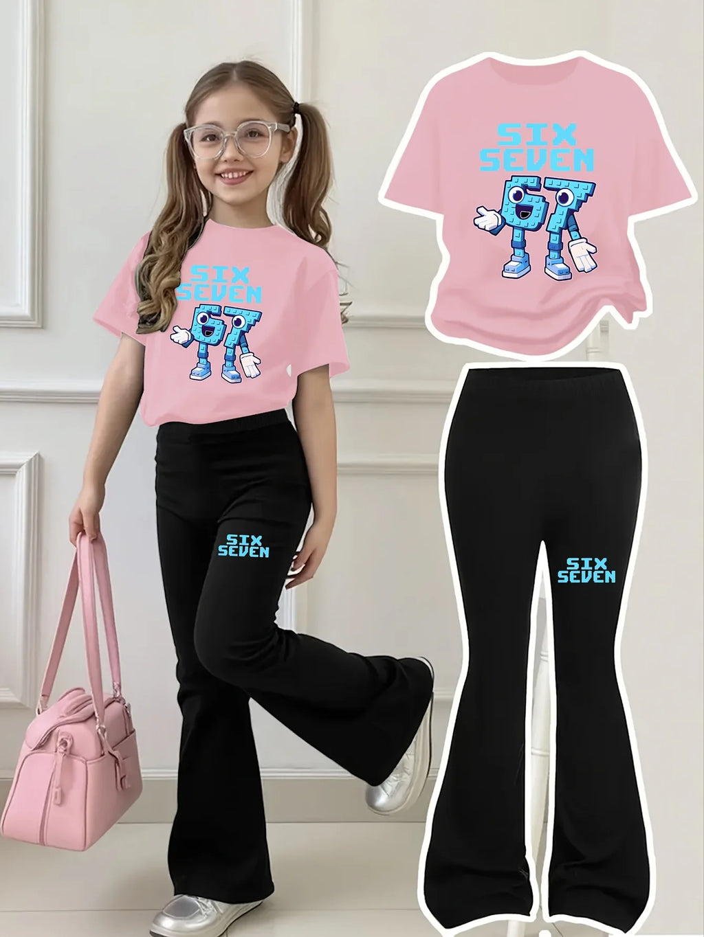 Trendy Building Block Style Cartoon Short-Sleeve Flared Pants Set for Girls Aged 4-12, Short-Sleeve Top + Long Pants, Blue Building Block Texture, “67” Cartoon Print Clothing, 2026 New Model