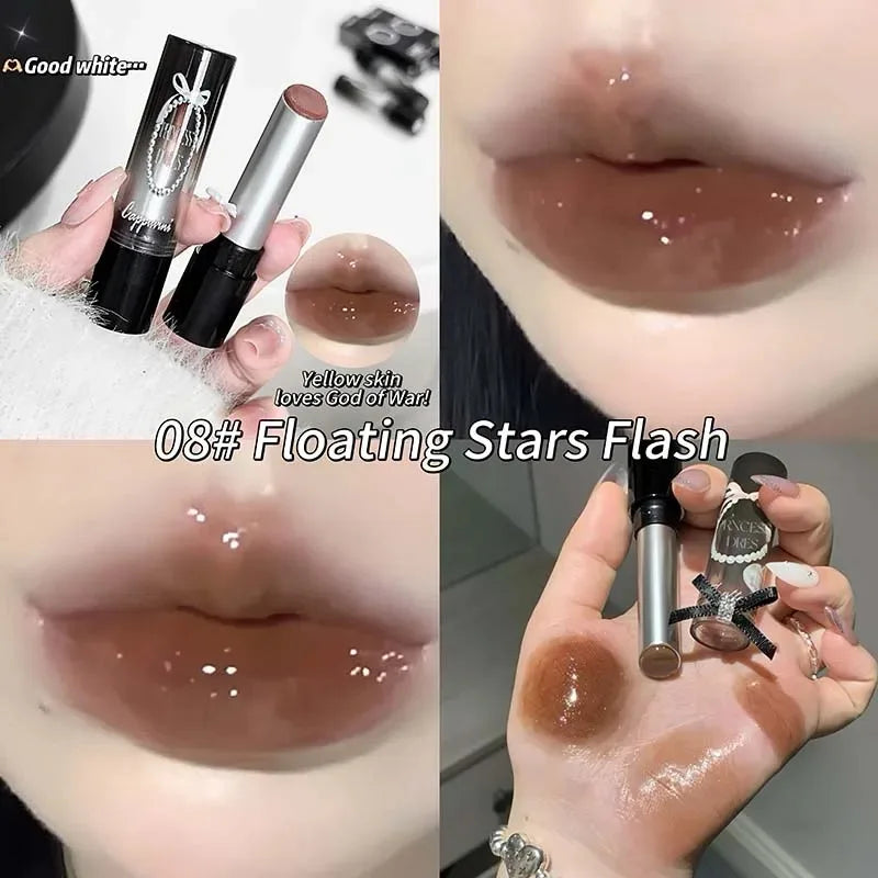 Pink Crystal Mirror Glass Solid Lip Gloss Round Tube Water Light Jelly Lipstick Moisturizing Clear Lip Glaze Nude Brown Lip Tint