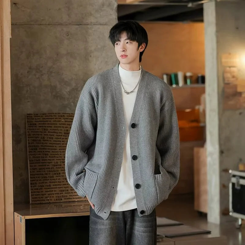 Autumn Men's Casual Textured Pockets Cardigan Y2K Vintage Streetwear V-neck Knitted Sweaters Korean Fashion Cardigans Hombre