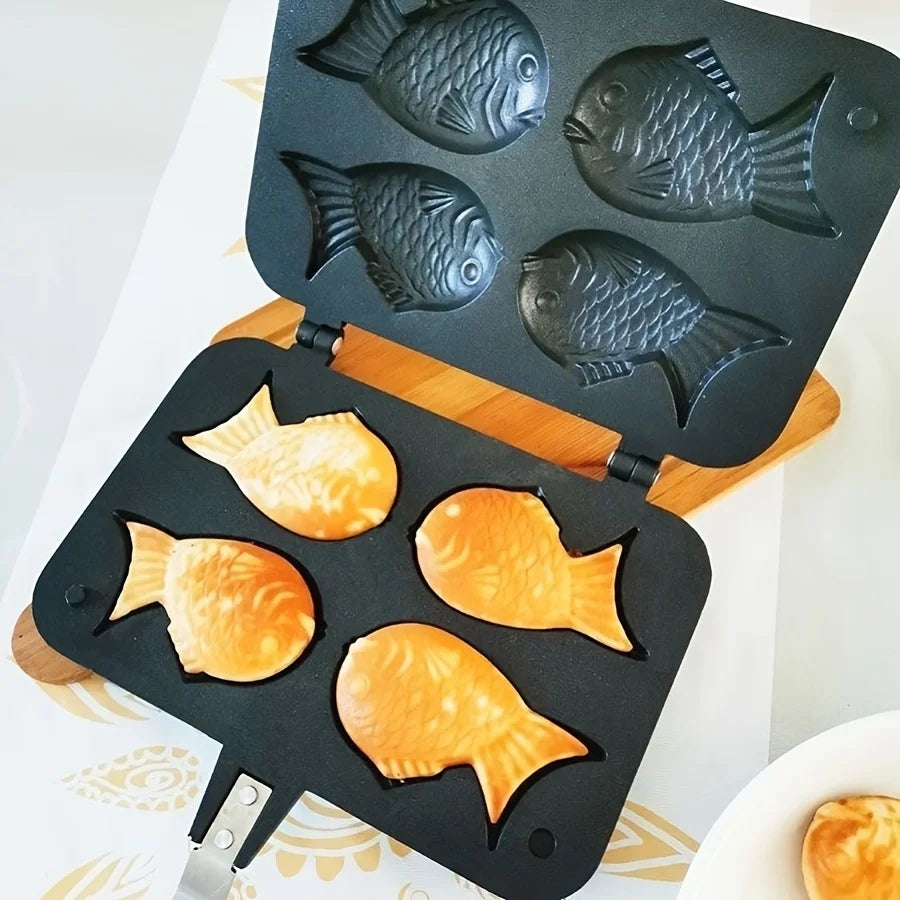 Taiyaki Fish Shape Waffle Maker Aluminum Alloy Double-Sided Uncoated 6-Cavity Mold Pan for Snacks Cakes Non-Stick Surface