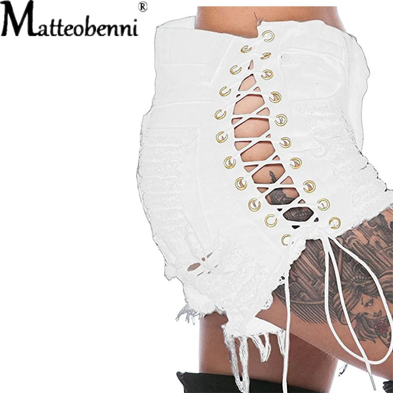 Sexy Ripped Tassel Jeans Streetwear High Waist Straight Denim Shorts 2025 Summer New Women Lace-Up Hole Hollow Out Jean Shorts