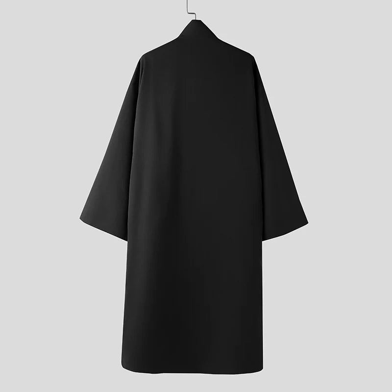 INCERUN Men Long Style Shirt Solid Stand Collar Long Sleeve Male Tops Camisas Streetwear Triple Breasted Fashion Men Clothing