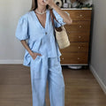 Elegant Solid 2 Piece Sets Women New Fashion Puff Short Sleeve V-Neck Button Top Wide Leg Pants Suit Casual Streetwear Outfit