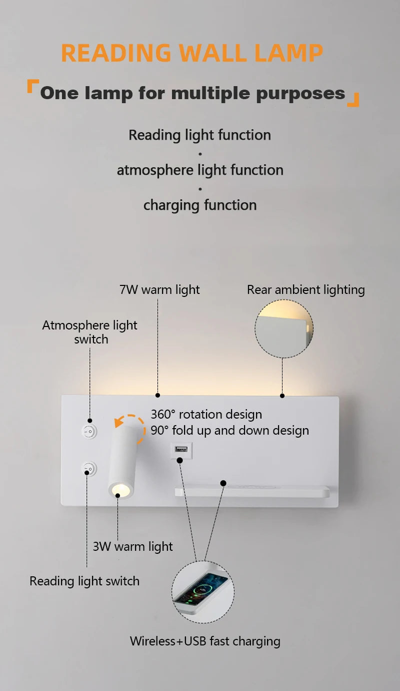 Modern LED Wall Lamp with Wireless Charger Simple Creative USB Interface Night Light Suitable for Living Room Bedroom Study