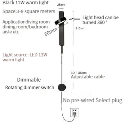 Nordic Modern LED wall lamp Gold Black Rotation Dimming Switch Wall Light With plug Fixture Bathroom Bedroom 360° Rotate Sconces