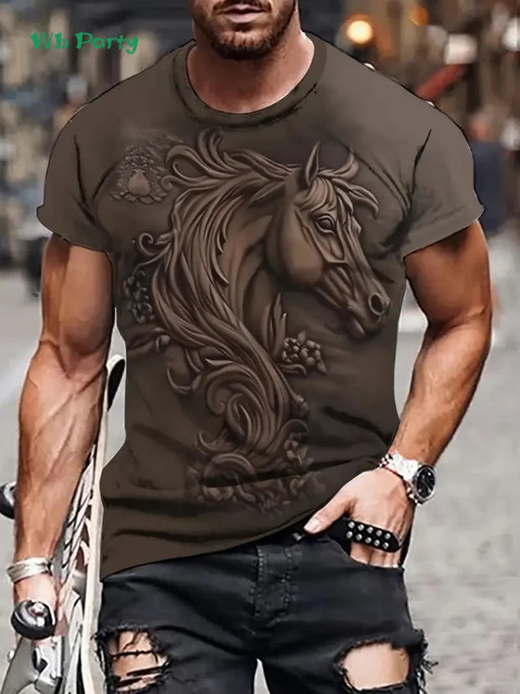 New Horse T-Shirts for Men Summer Outdoor Men Short Sleeve Animal Print Breathable Men's Clothing Fashion Round Neck Men's Tops
