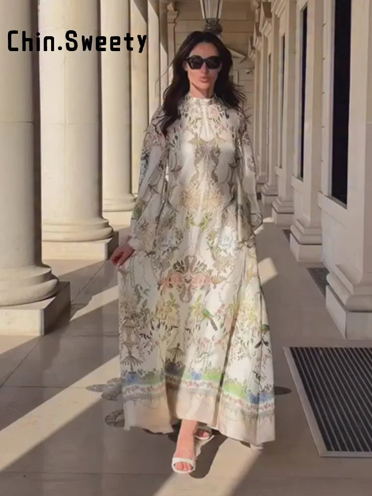 Elegant Women's Printed Long Dresses Loose O-neck Flared Half Sleeve Big Hem Wide Female Dresses 2026 Summer Lady HolidayRobes