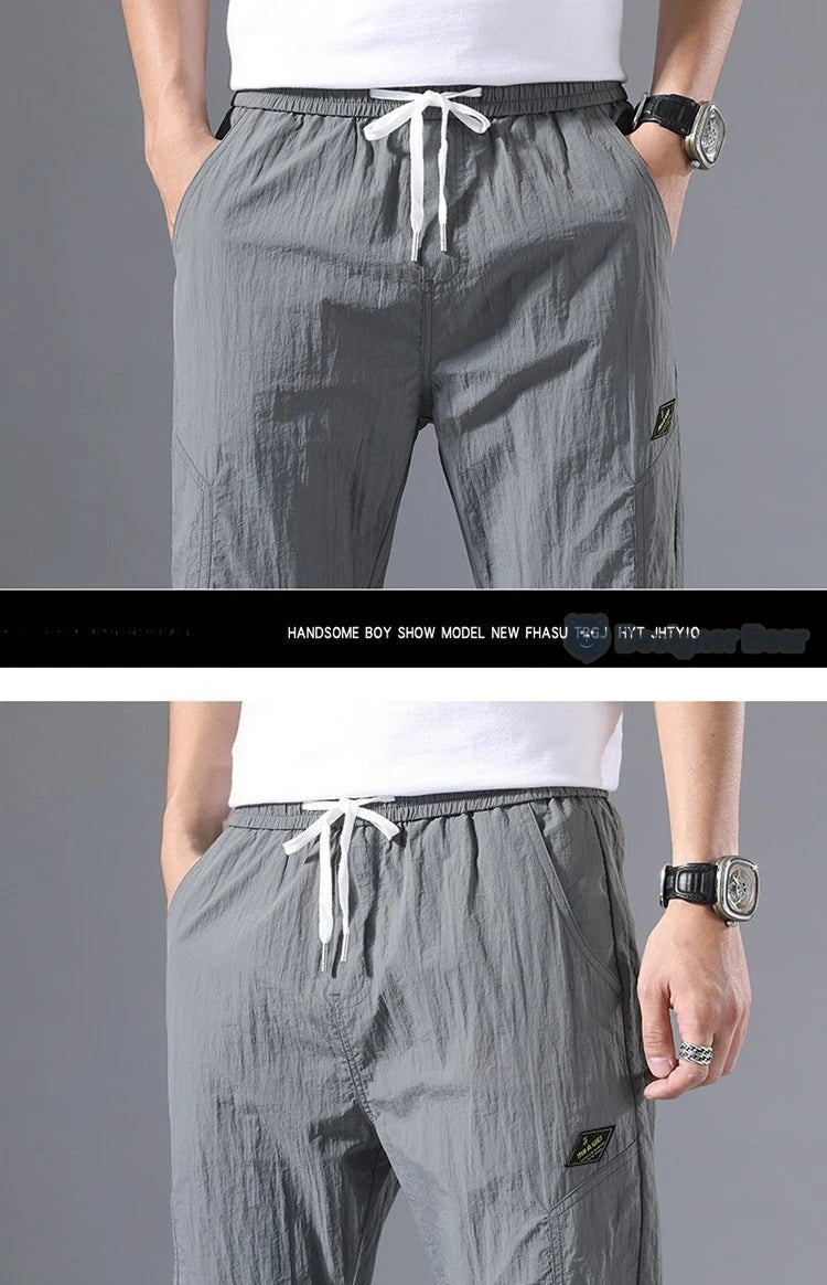 2026 Summer Thin Men's Wrinkled Fabric Loose Tapered Harem Pants Quick-Dry Elastic Cuff Casual Trousers Elastic Waist City Boy