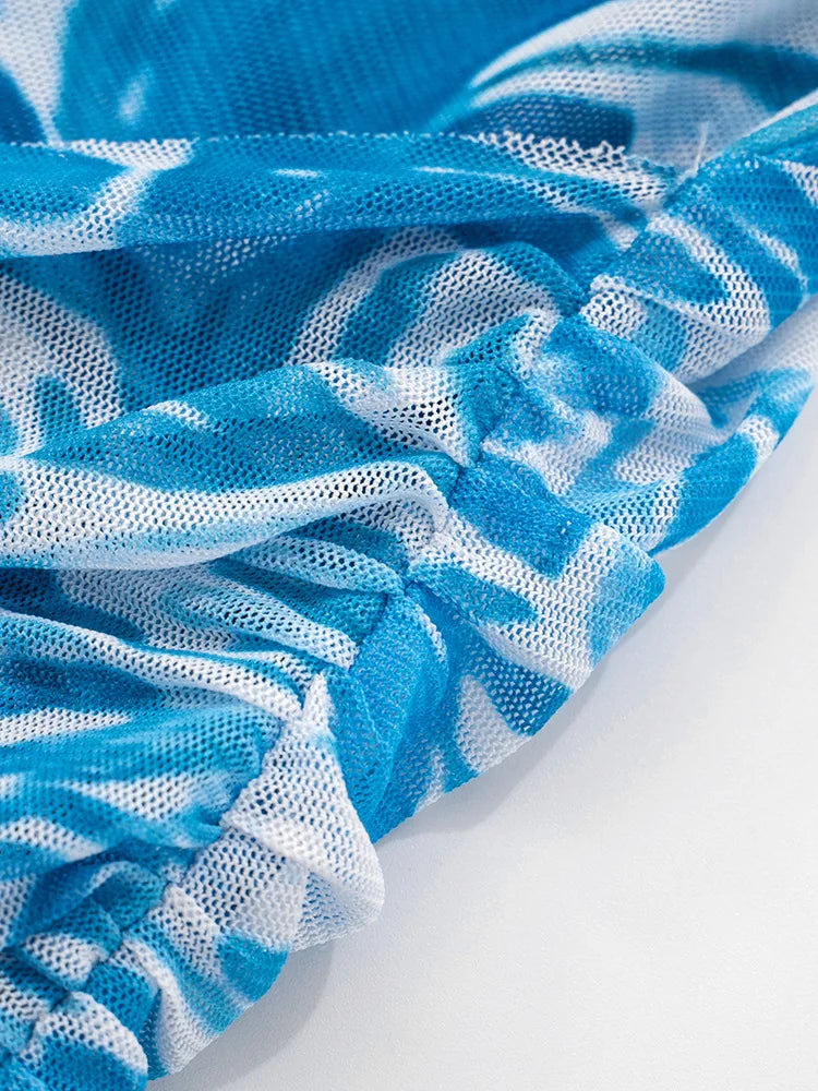 Women Blue Print Mesh Short Dresses Chic Sexy Summer Long Sleeve See-through Bandage Starfish Holiday Beach Dress Streetwear Hot