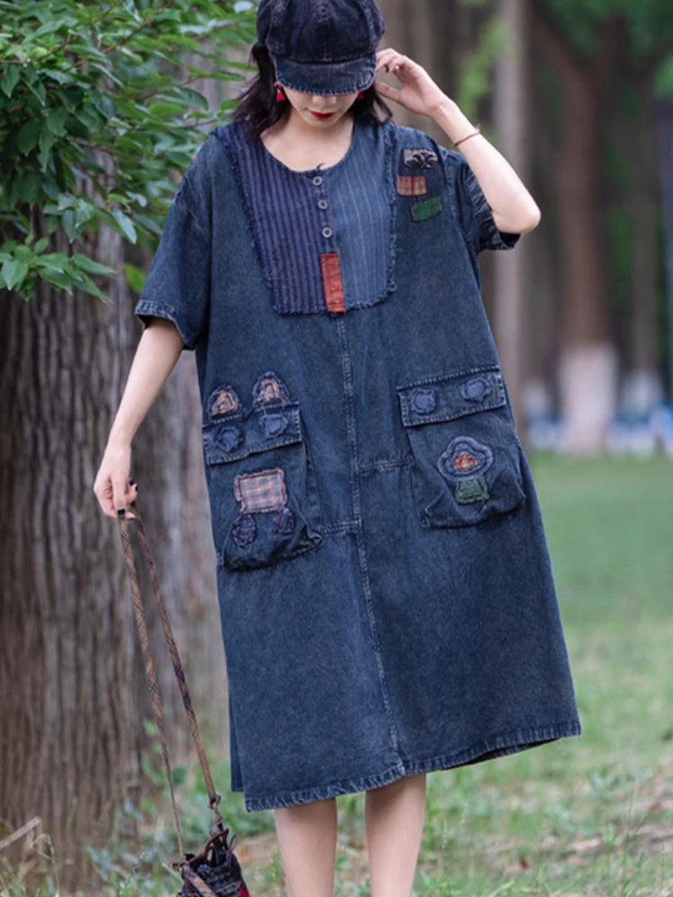 Amax LuluE Spring Womens Fashion Korean Design Denim Dress 2026 Vintage Loose Patchwork Vestidos Females Casual Classic Clothes