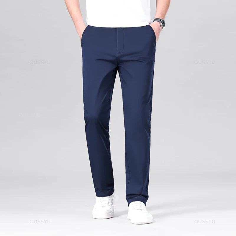 High Quality 97% Cotton Men's Straight Pants Business Solid Color Khaki Light gray Casual Formal Suit Trousers Plus Size 40 42