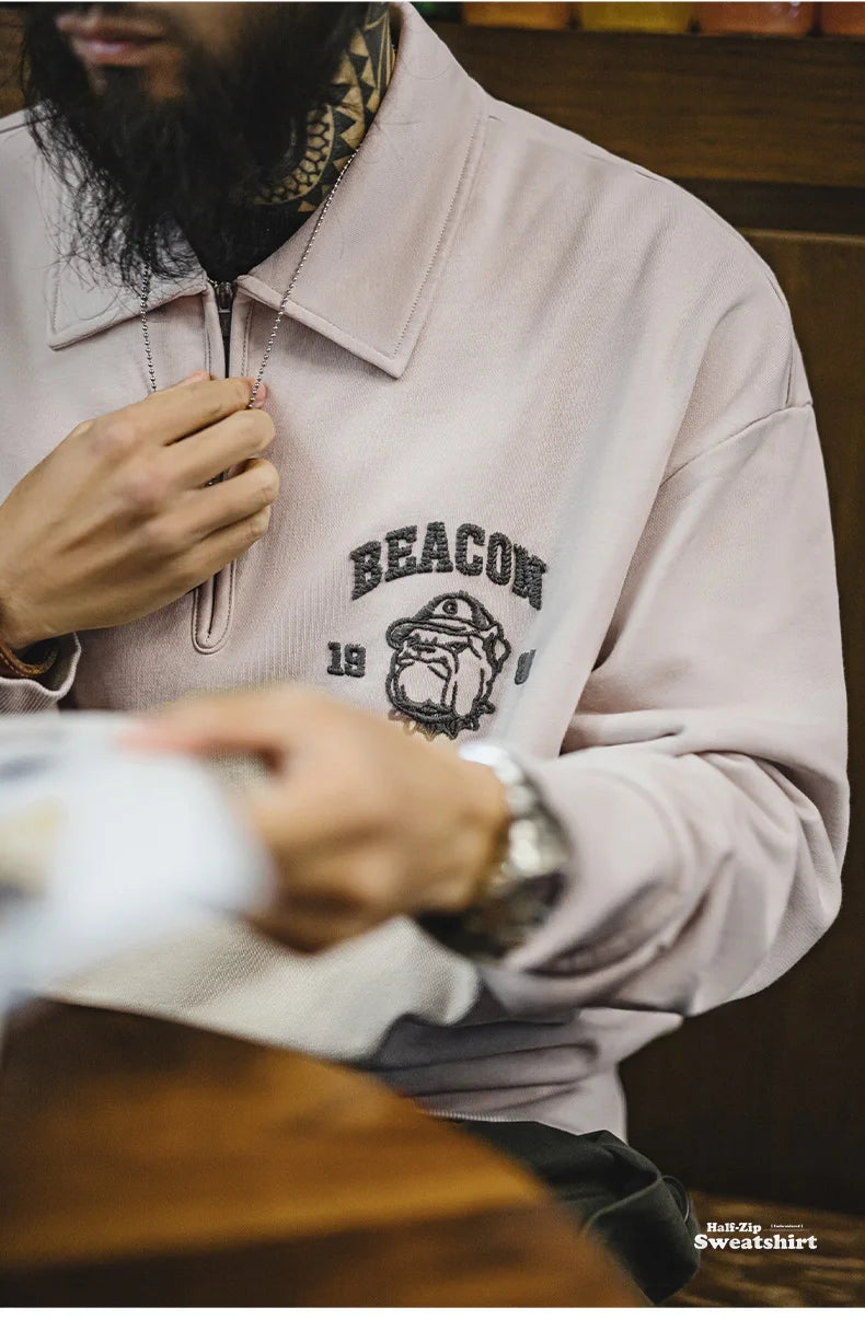Maden Vintage Men's Long Sleeve Embroidered Sweatshirt with Letters Half-open Front Casual Hoodie Turned-up Collar for Spring
